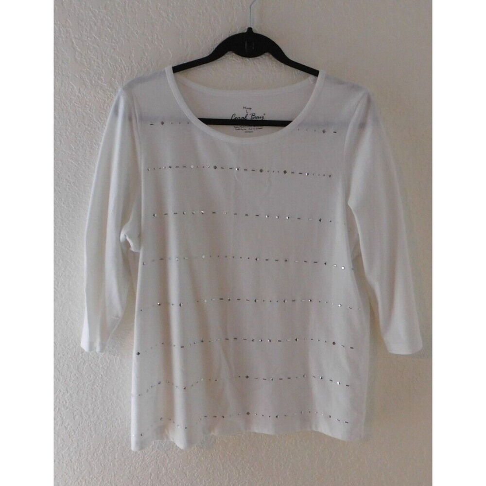 Coral Bay Women's Shirt 3/4 Sleeve White Silver Studded Size Large